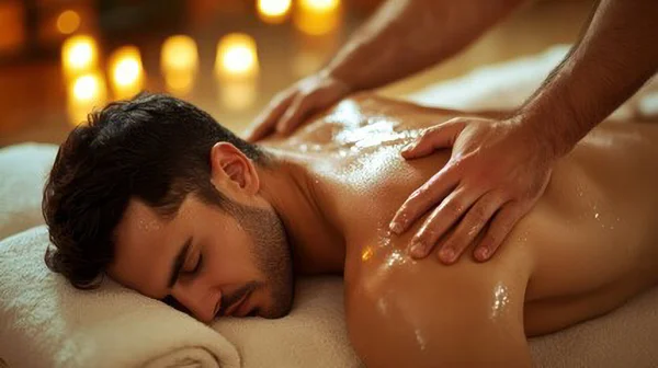 Body-to-body nuru gel massage with warm lighting in a private room at Stimulos Barcelona