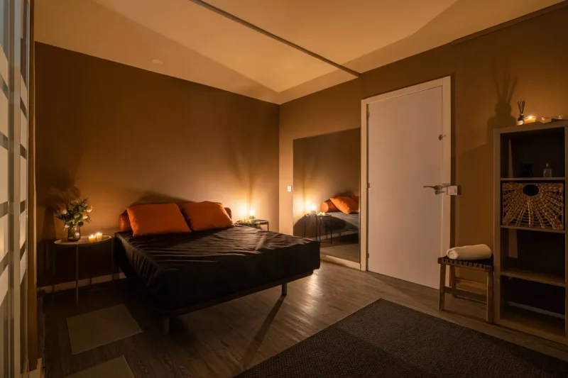 Dimly lit hallway maintaining total privacy between rooms