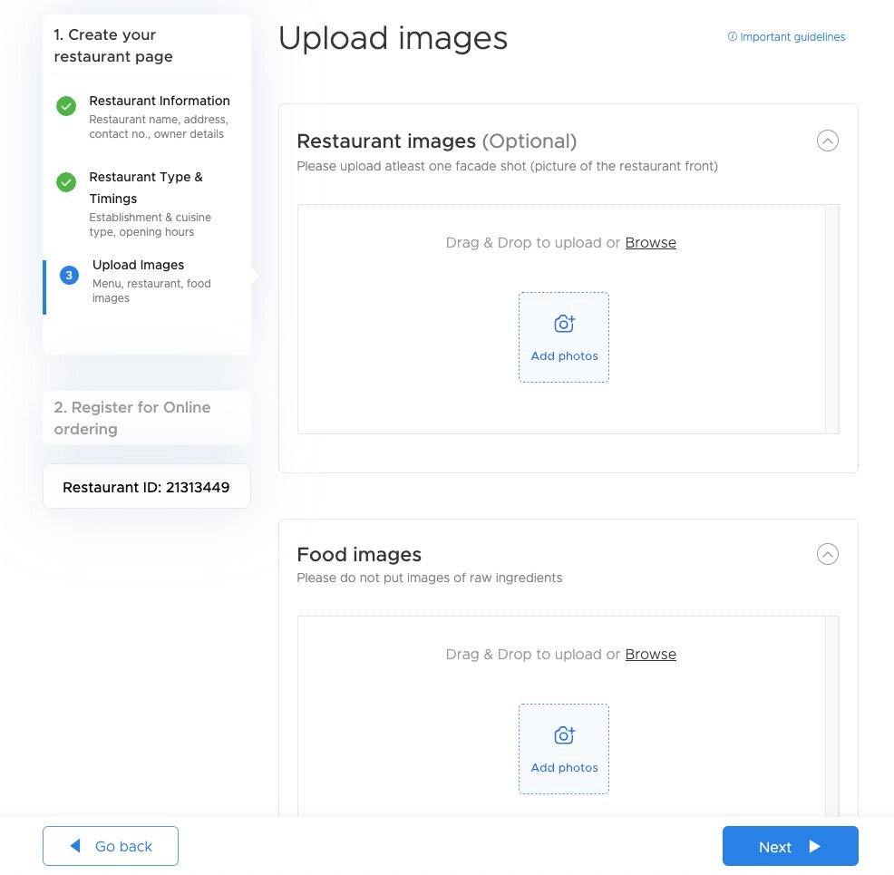 Register on Zomato upload Images - Step 2