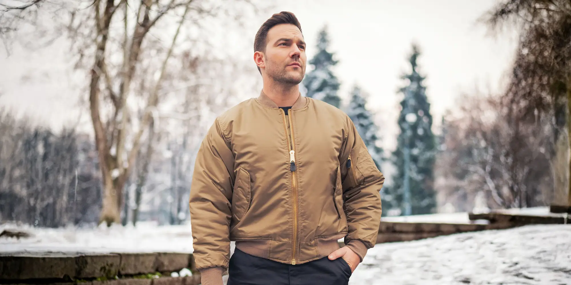 Man wearing jacket outside in cold weather