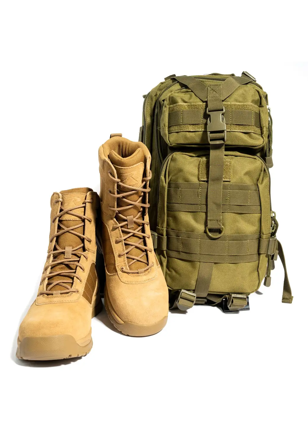 Brown Tactical Boots and Green Tactical Pack