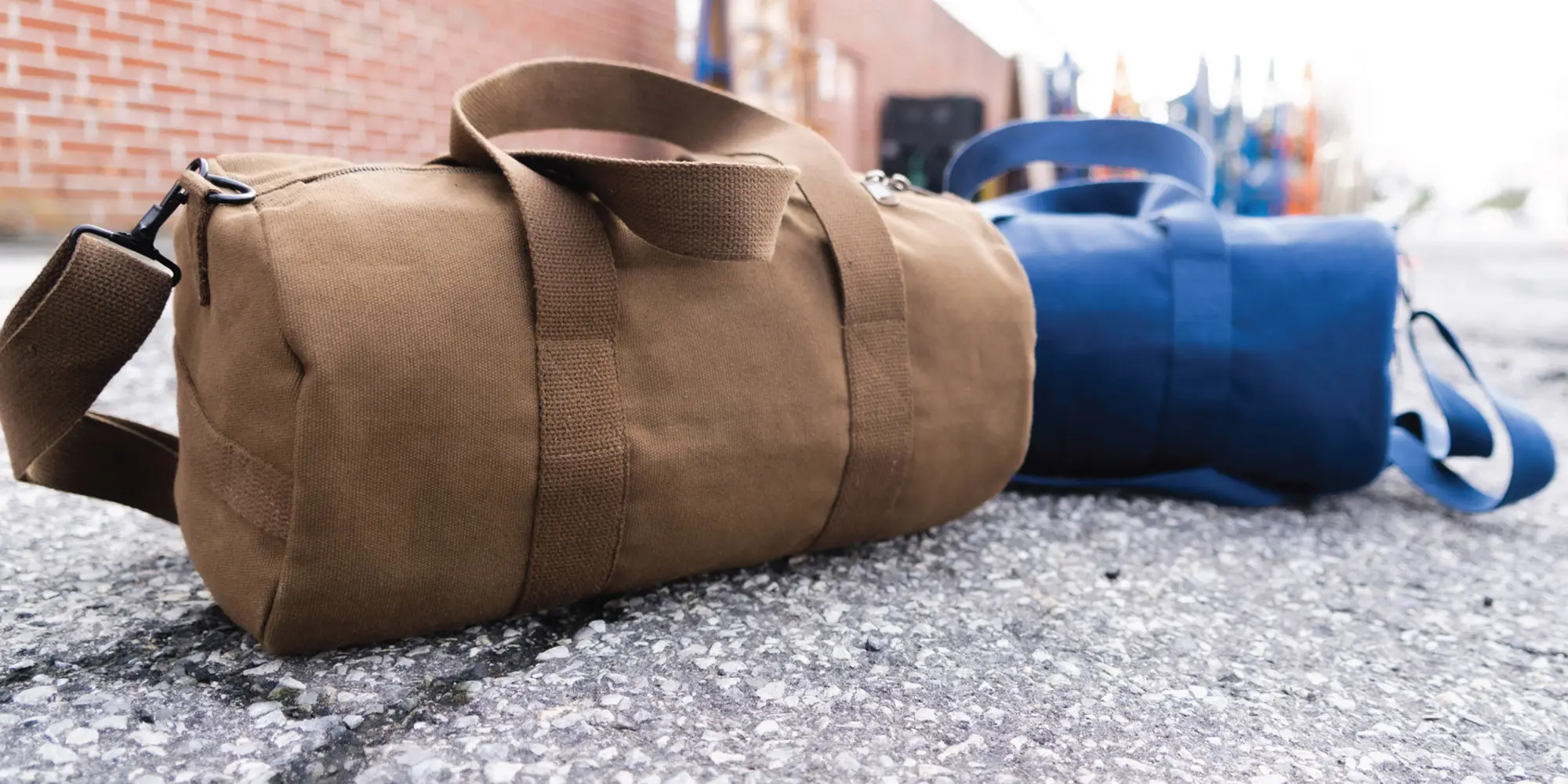 Canvas bags outside building