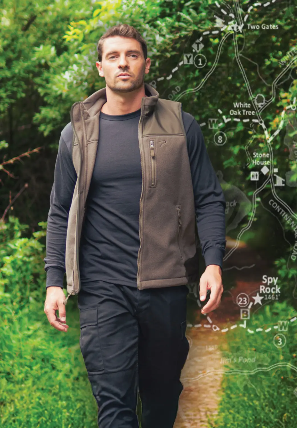 Man Wearing Long Sleeve T-Shirt & Vest Hiking Outdoors