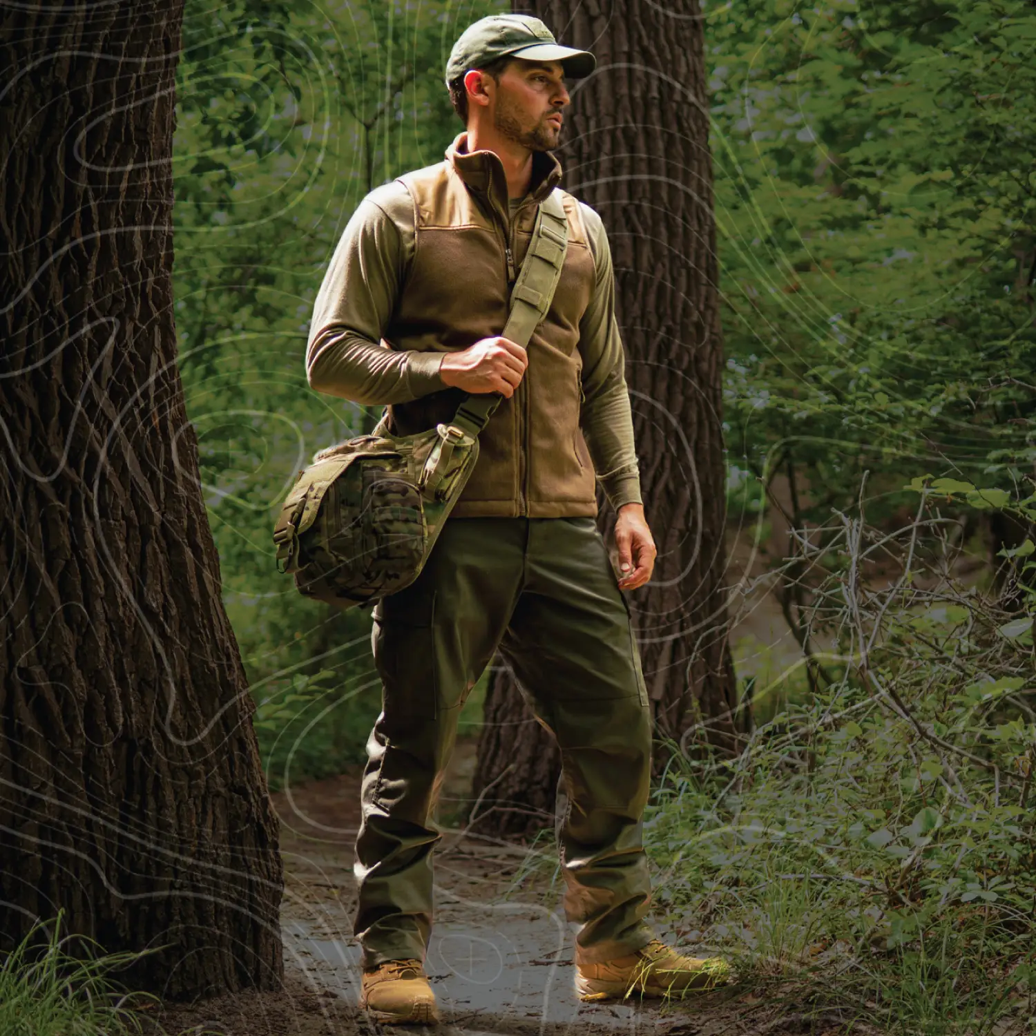 Man wearing sling bag in outdoor wooded area