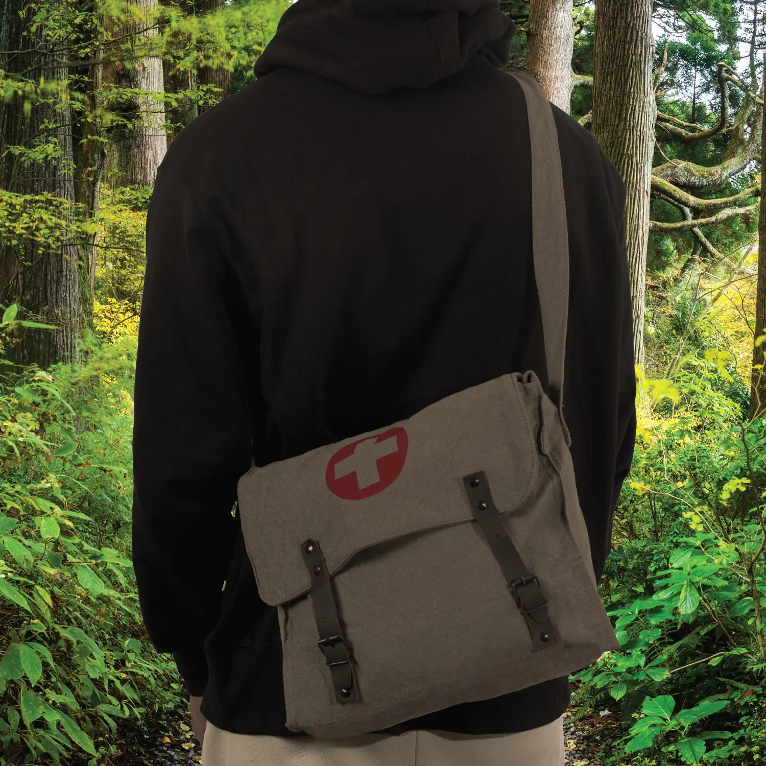 canvas bag on man in woods