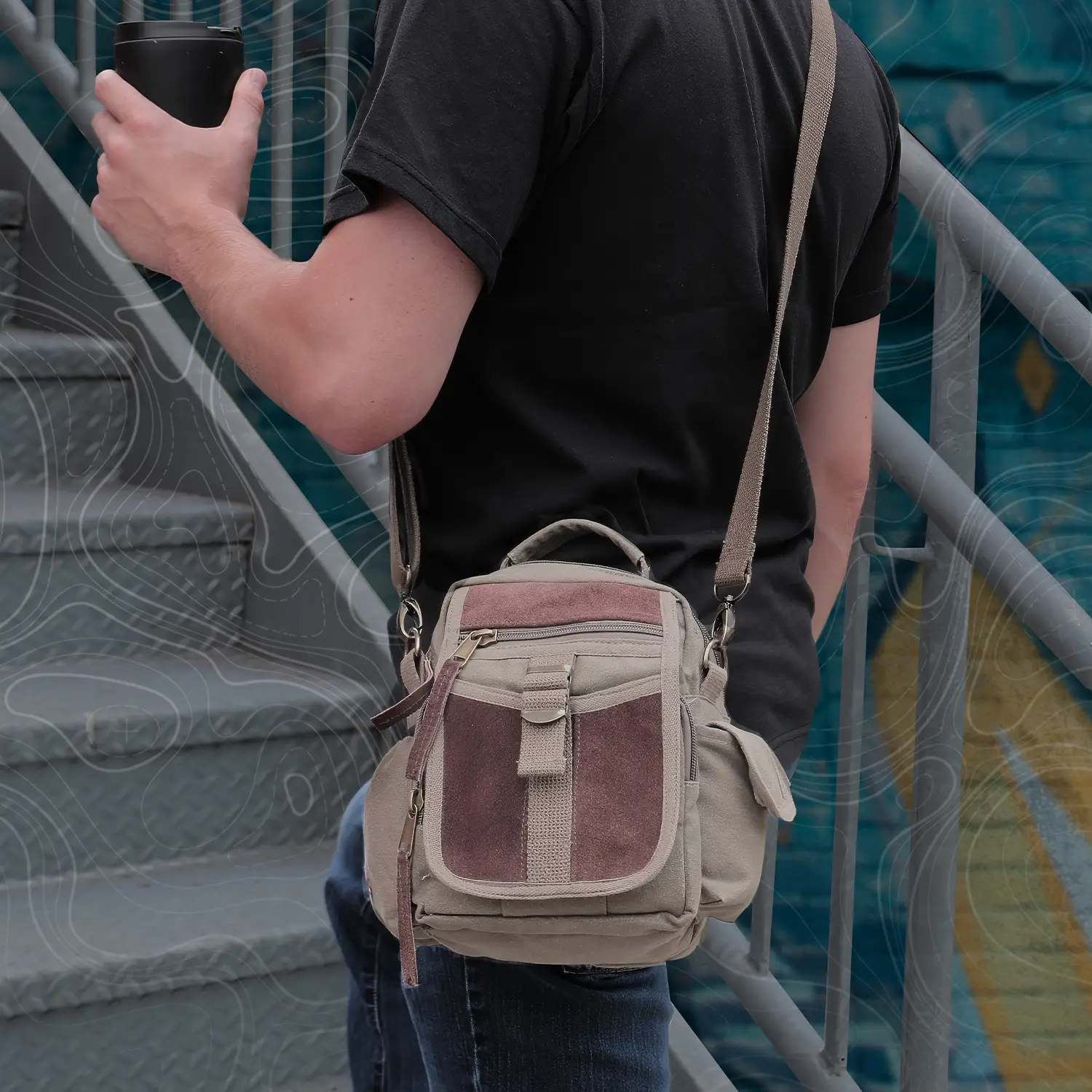 Man Carrying EDC Bag up stairs