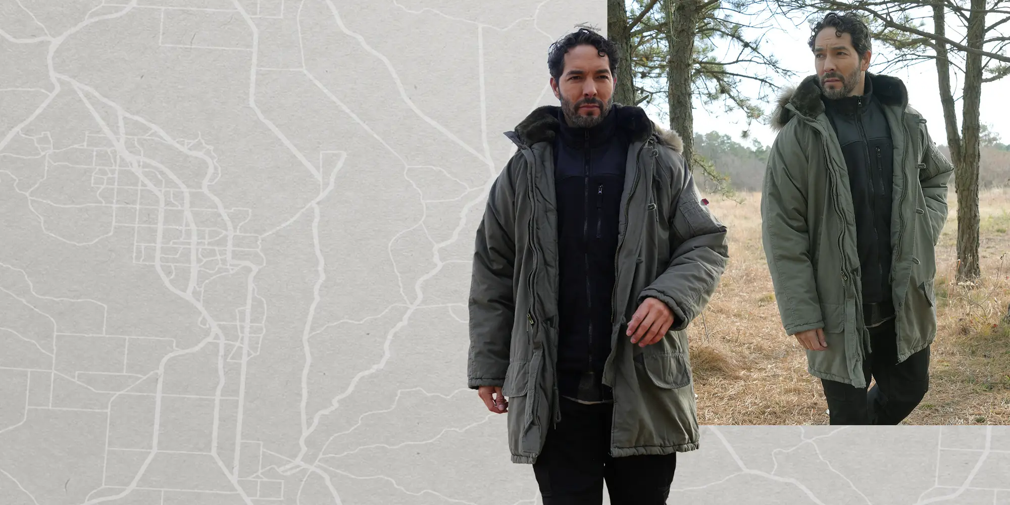 Layered Hero Banner with Man Walking, Map, and Outdoor Lifestyle
