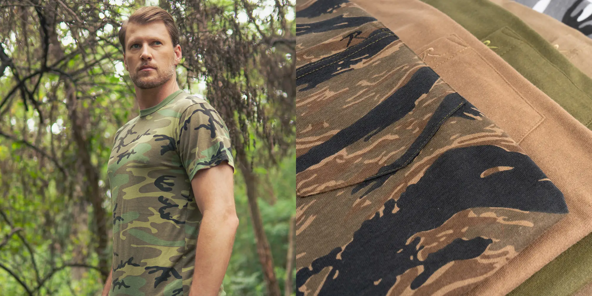 Man Camo Tee shirt and pile of shirts