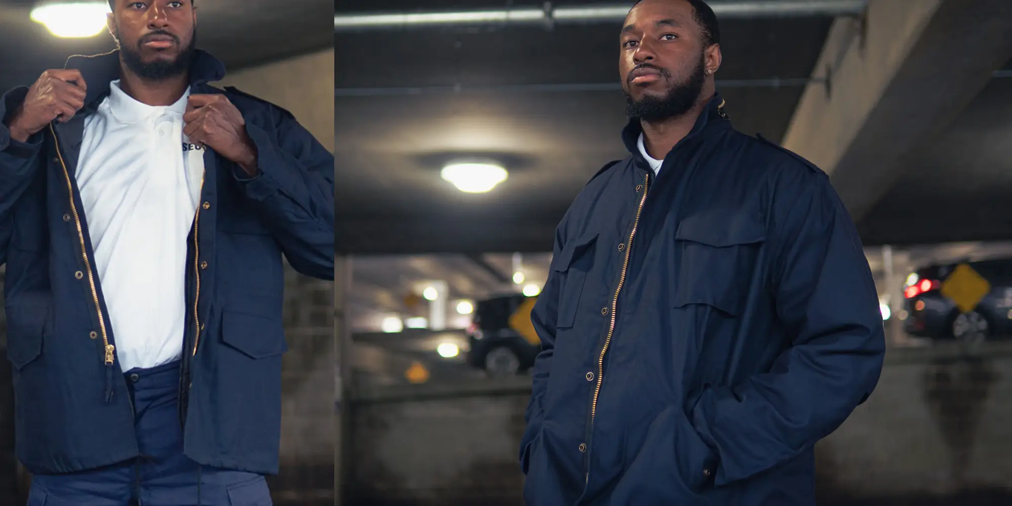 blue m65 field jacket indoors parking garage