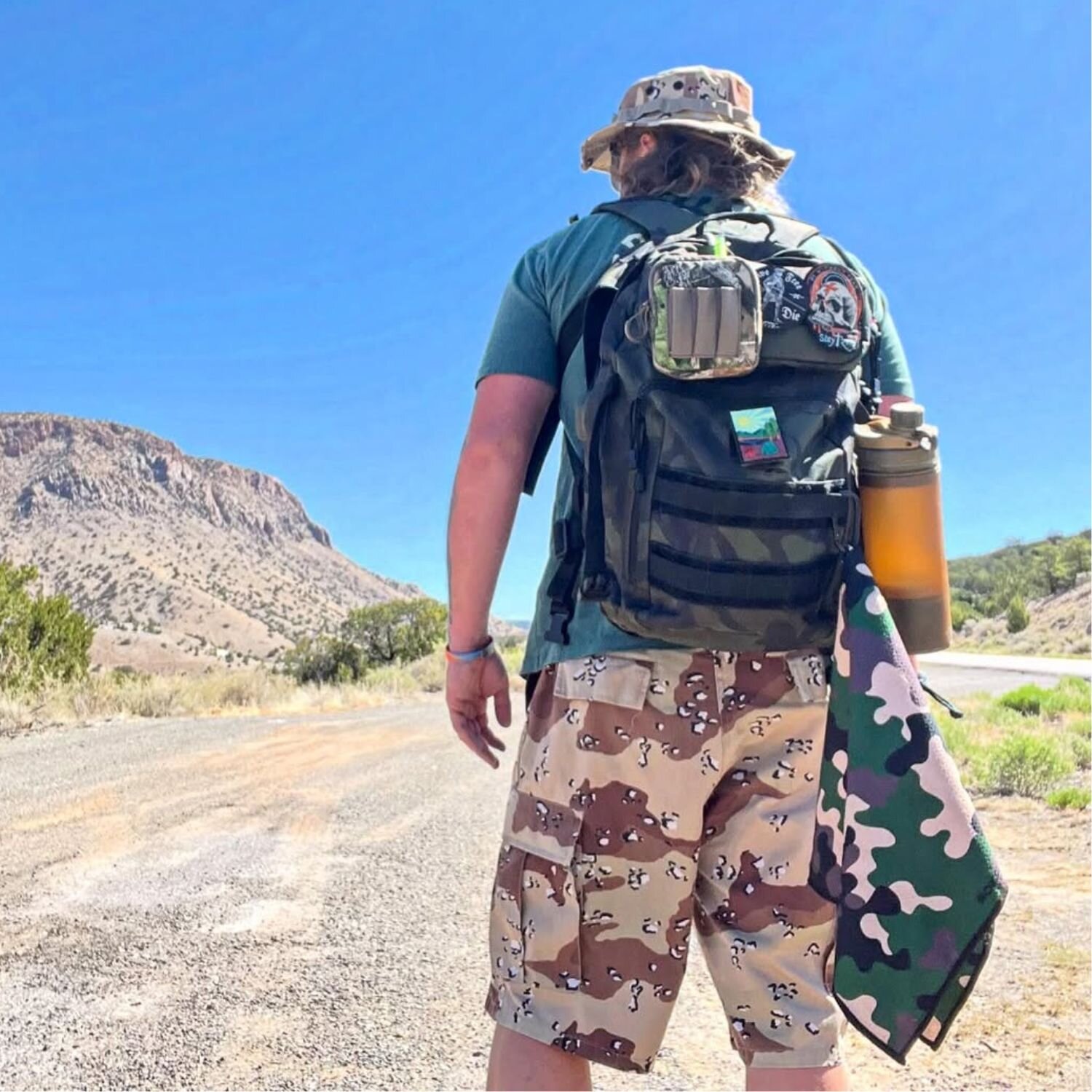 Camo shorts and Camo Bag hiking