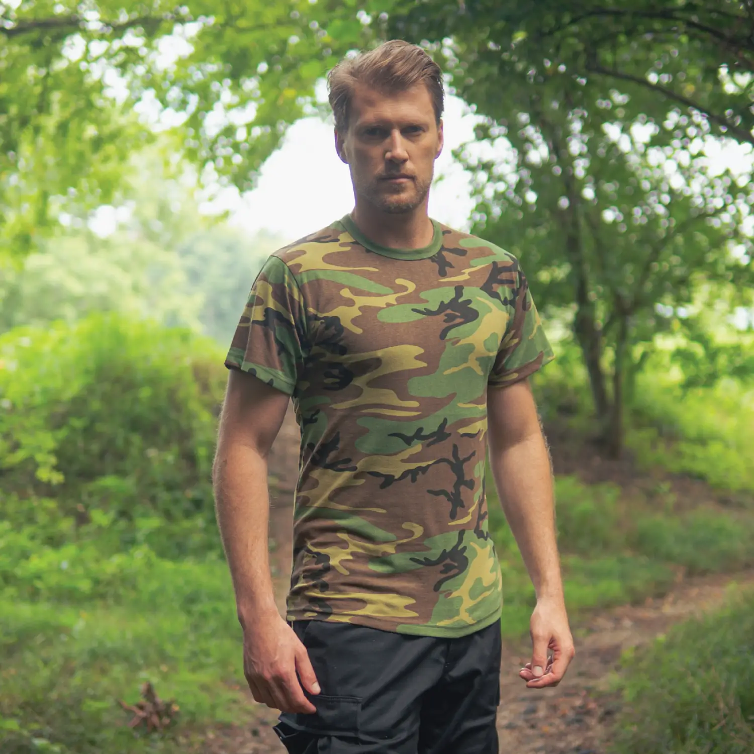 Woodland Camo t-shirt in woods