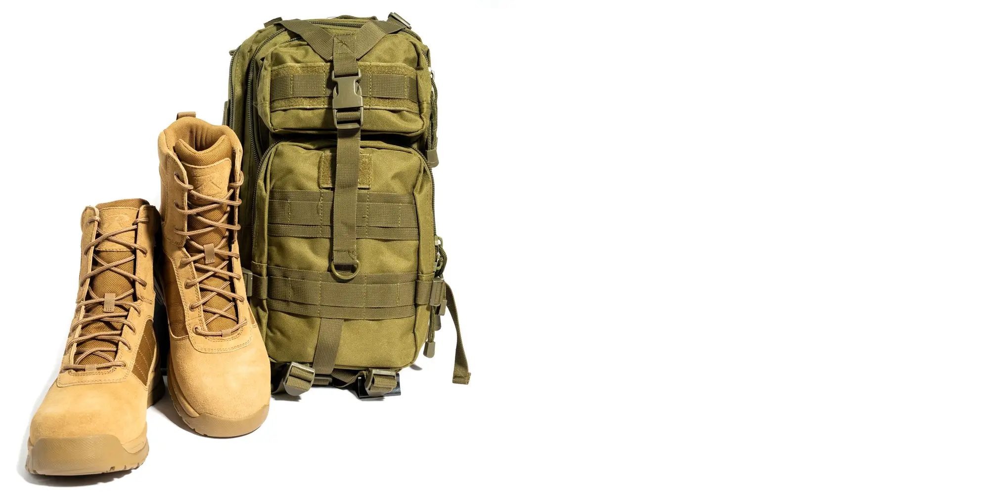 Brown Tactical Boots and Green Tactical Pack