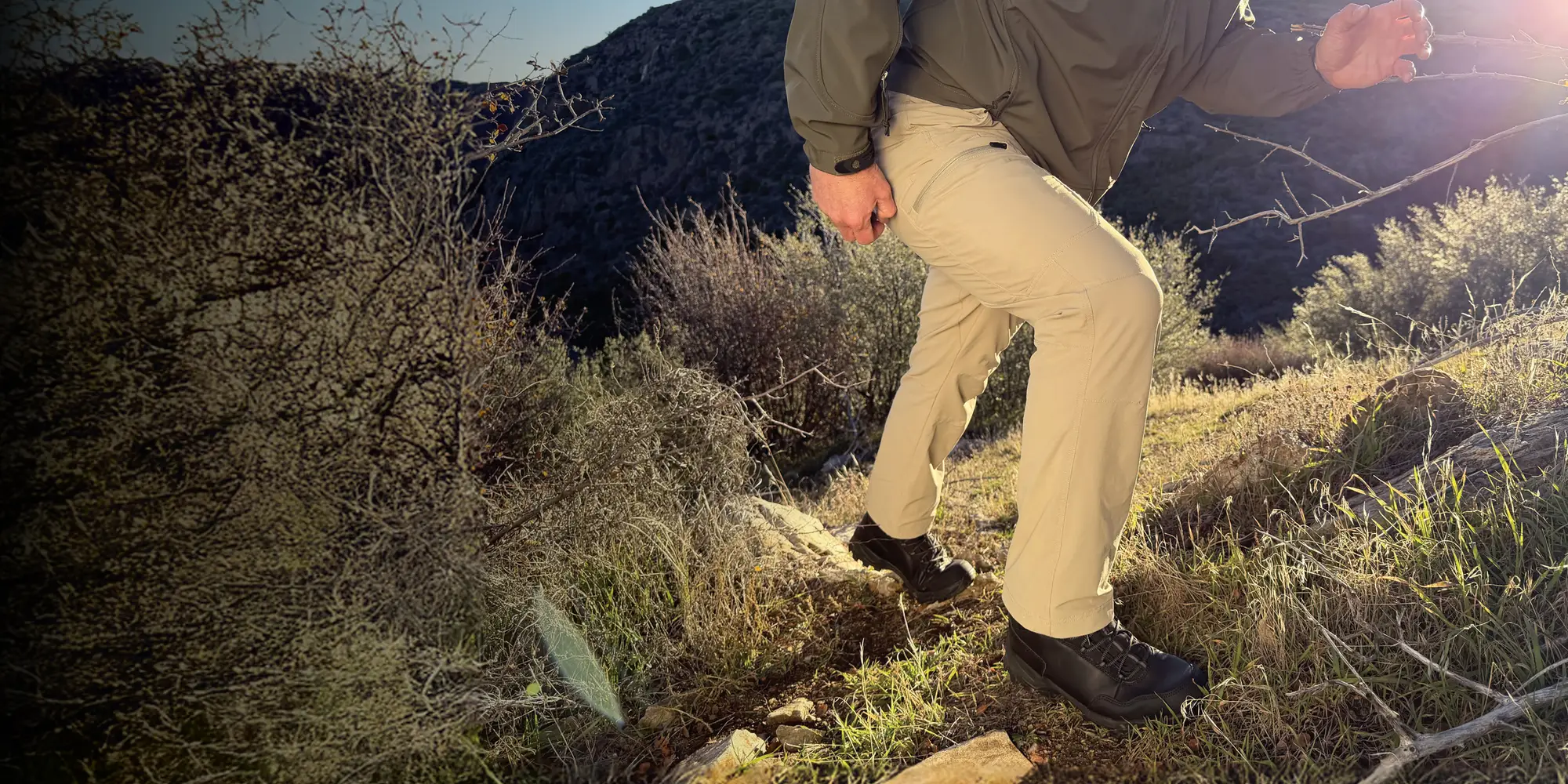 Rothco Khaki Edge Pants on moutain