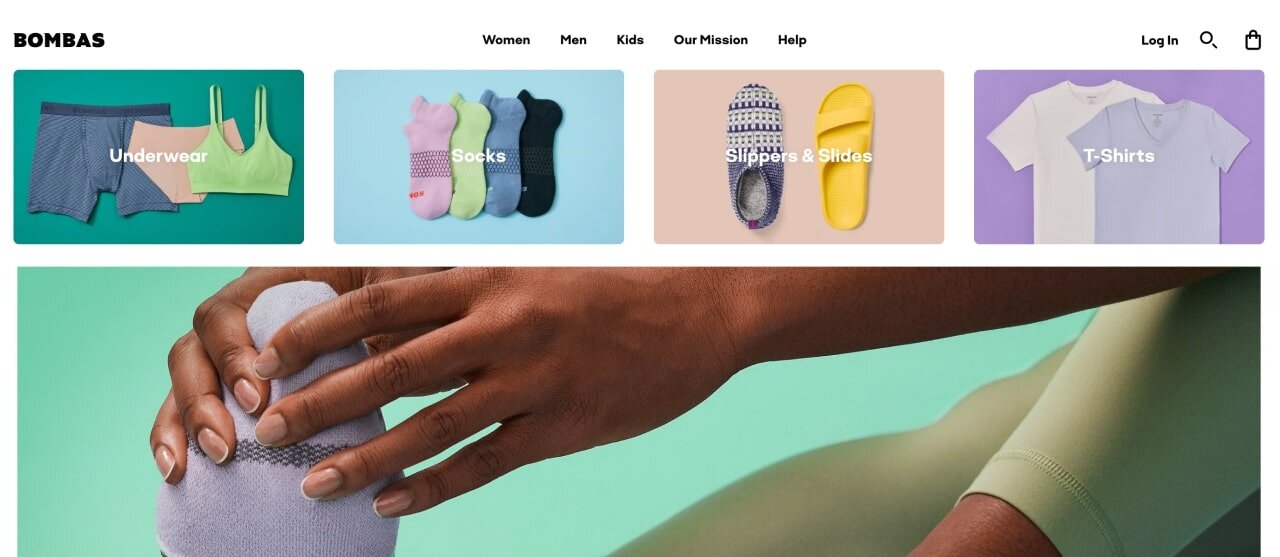 The homepage of the Bombas Shopify store
