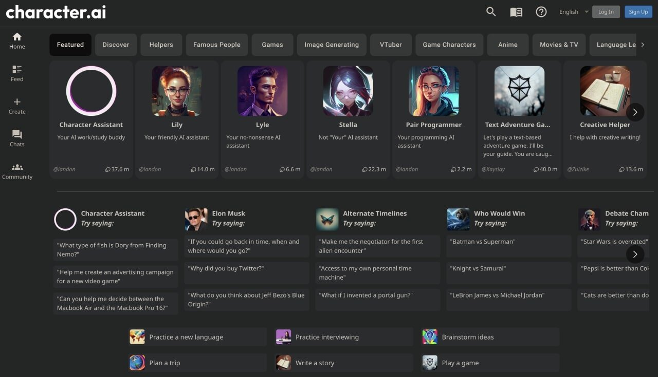 Character AI homepage screenshot.