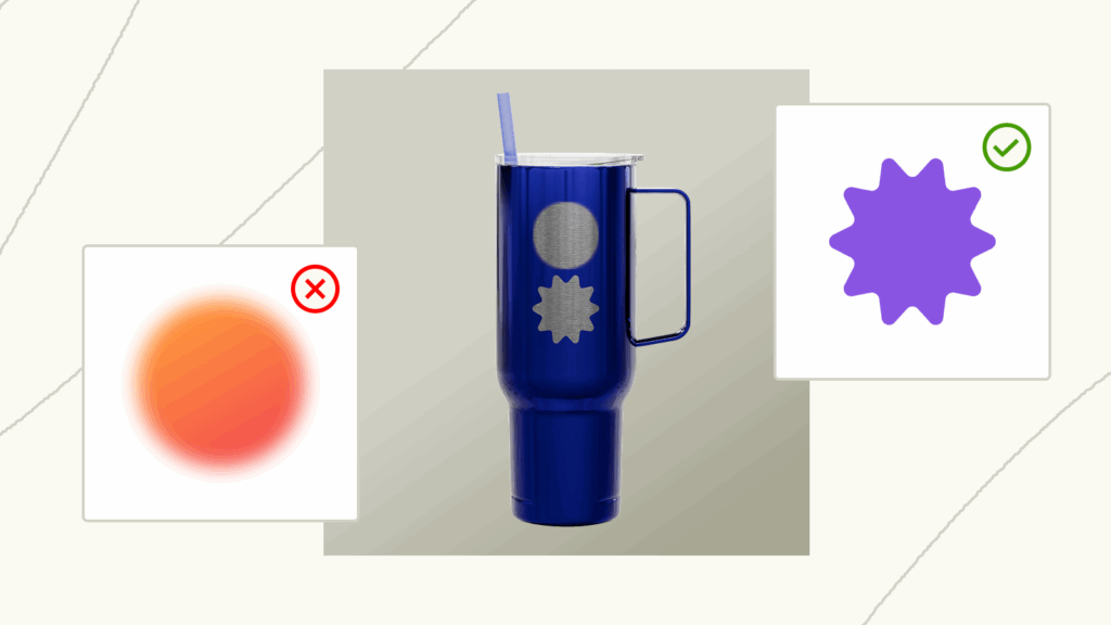 A blue tumbler with laser-engraved forms, showing requirements for laser engraving.