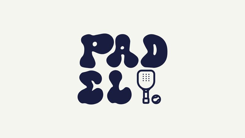 Logo design featuring the word "PADEL" in a playful, wavy font, accompanied by an illustration of a padel racket and a ball.