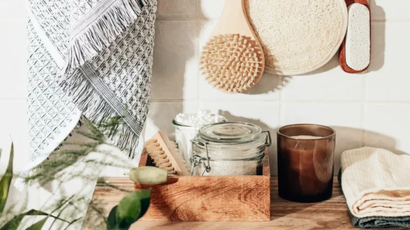 A wooden shelf displaying neatly folded towels, a towel rack, and a small green plant for decoration.