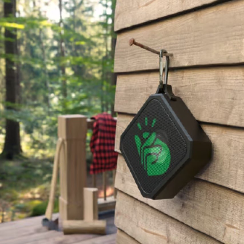 Custom Blackwater Bluetooth speaker with a design of Printify's snap logo.