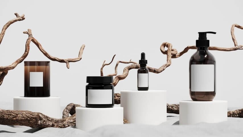 Beauty products placed with white labels.
