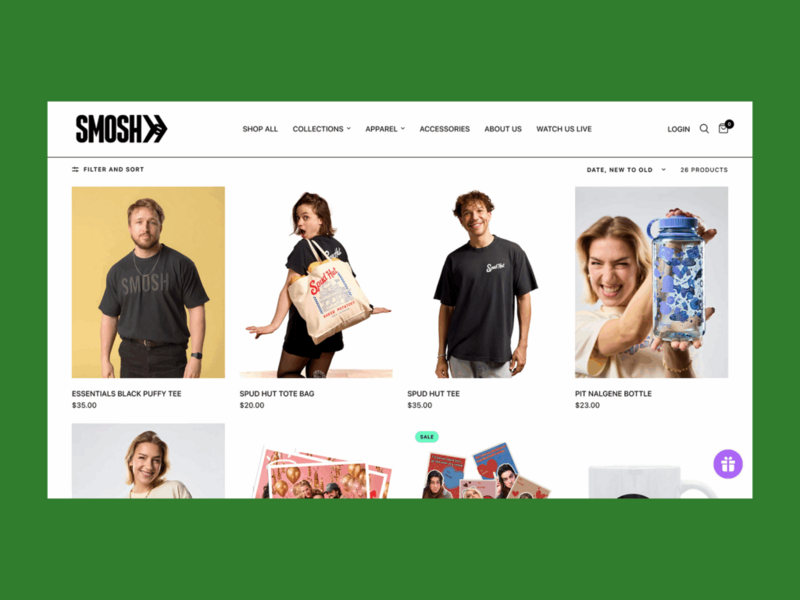 Smosh online store screenshot mockup.