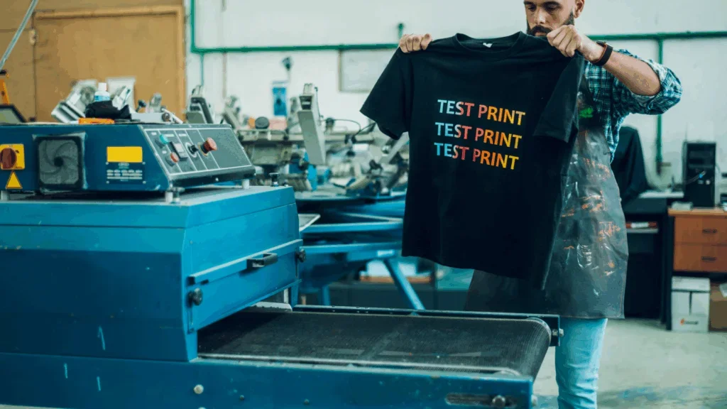 A man checking out a freshly printed t-shirt for quality issues.