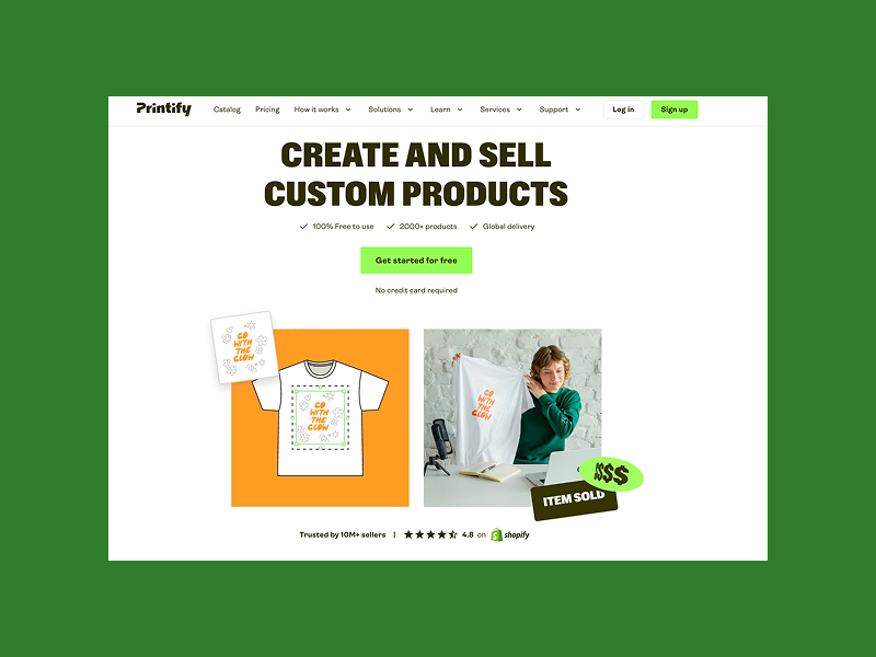 Printify homepage promoting custom products with a T-shirt design.