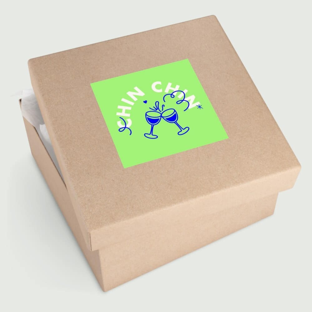 Square sticker on a box lid.