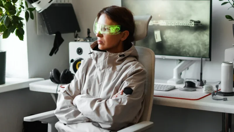 A woman wearing green visor glasses and a light gray jacket sits with arms crossed in a modern office.