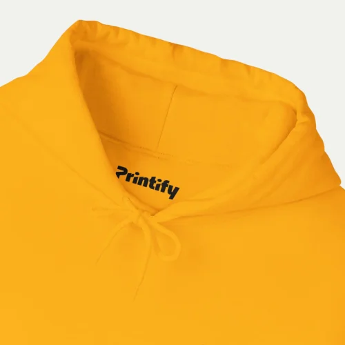 A mockup of a hoodie from the Printify catalog showing the neck label logo placement.