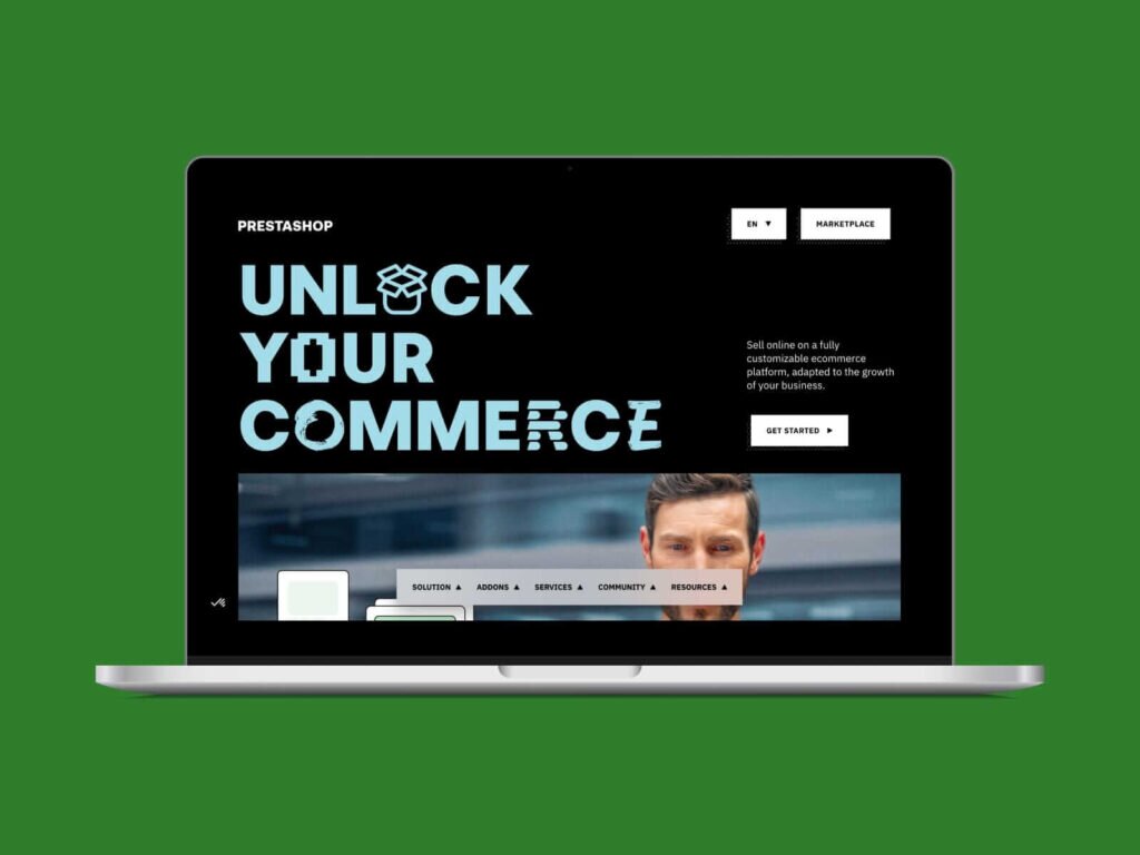 A screenshot of the PrestaShop homepage hero section on a laptop screen with a green background.