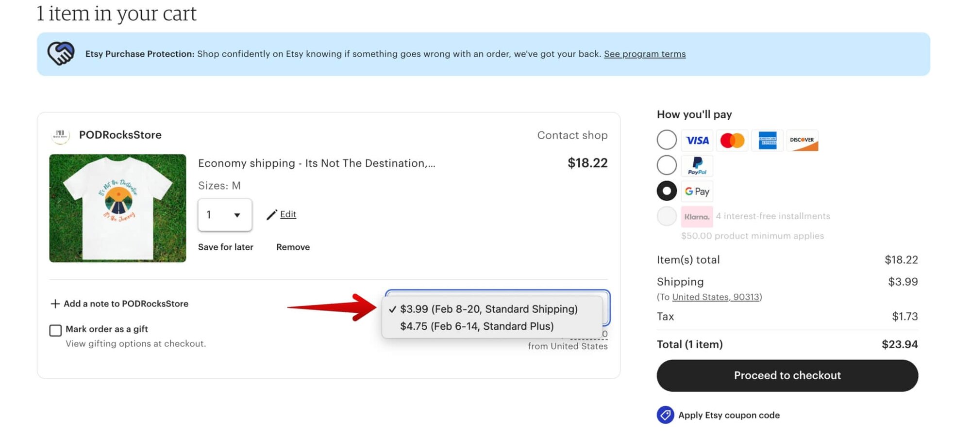 Standard and Economy Shipping options shown in Etsy's cart section.
