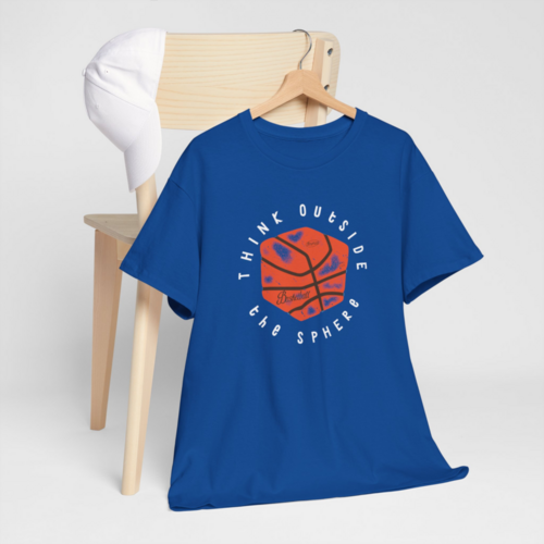 A blue “Think outside the sphere” t-shirt on a hanger.