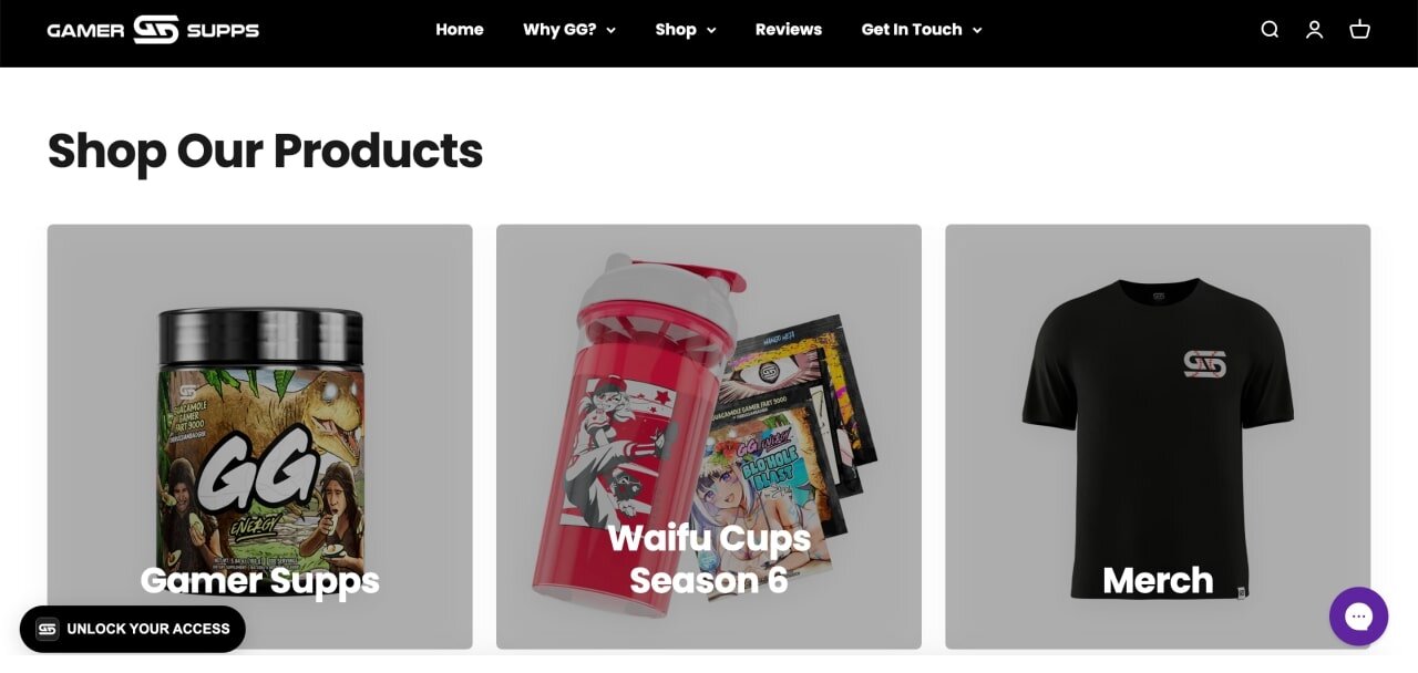 The catalog of the GamerSupps Shopify store