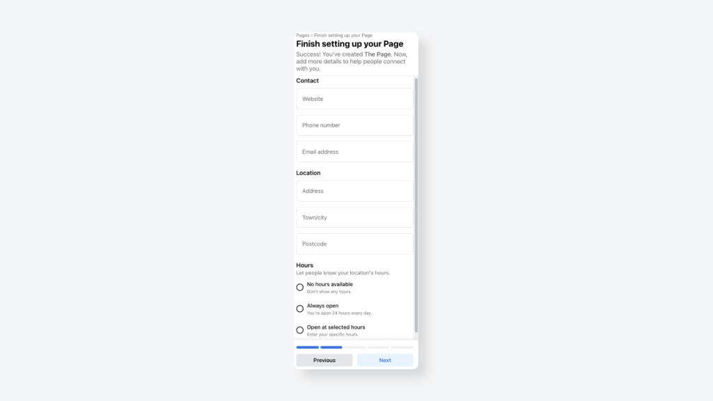 Facebook Business Account - Contact, location and hours