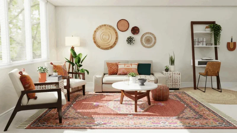 A cozy living room featuring a rug, two chairs, and a table, creating a welcoming atmosphere for relaxation.