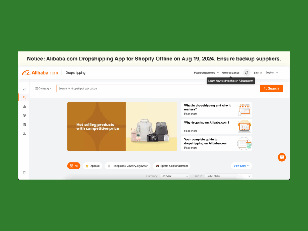 A screenshot of the Alibaba dropshipping landing page.