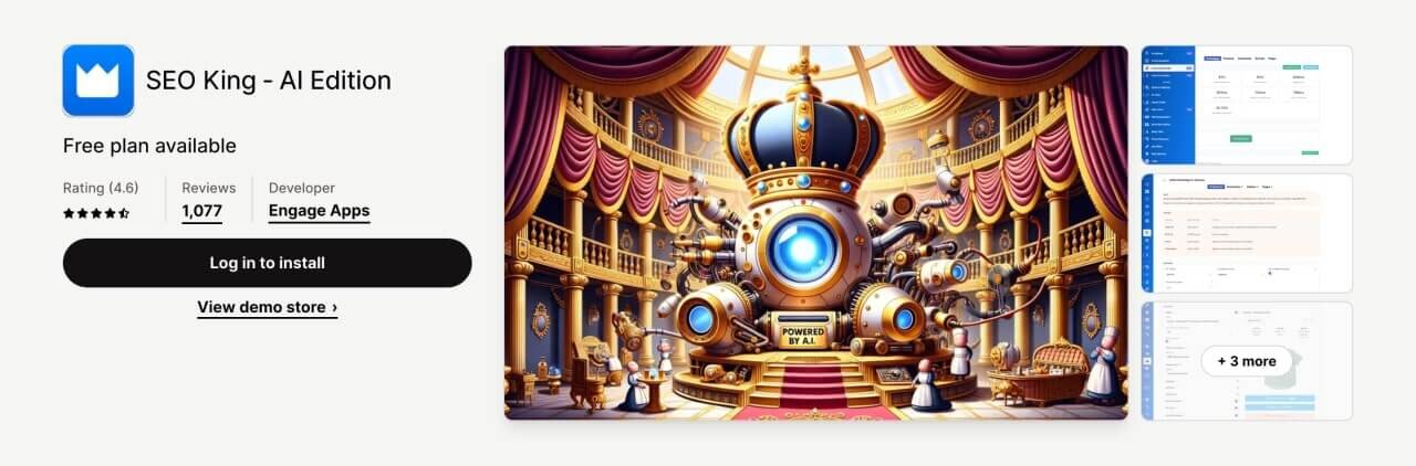 SEO King (AI Edition) Shopify SEO app screenshot from the Shopify app store.