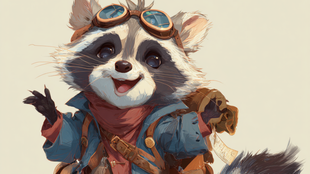 A cartoon raccoon wearing goggles and holding a bag, ready for an adventure or exploration.
