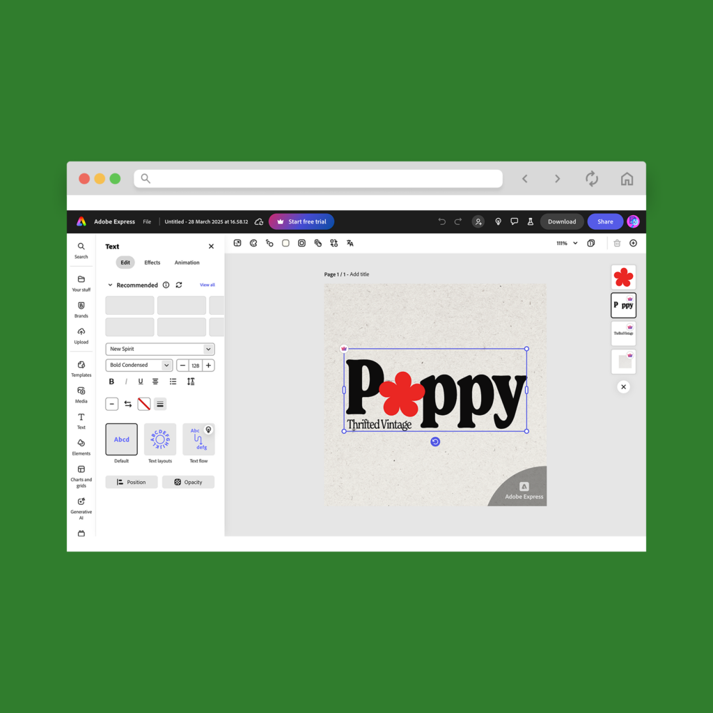 A screenshot mockup showing the design process with Adobe Express.