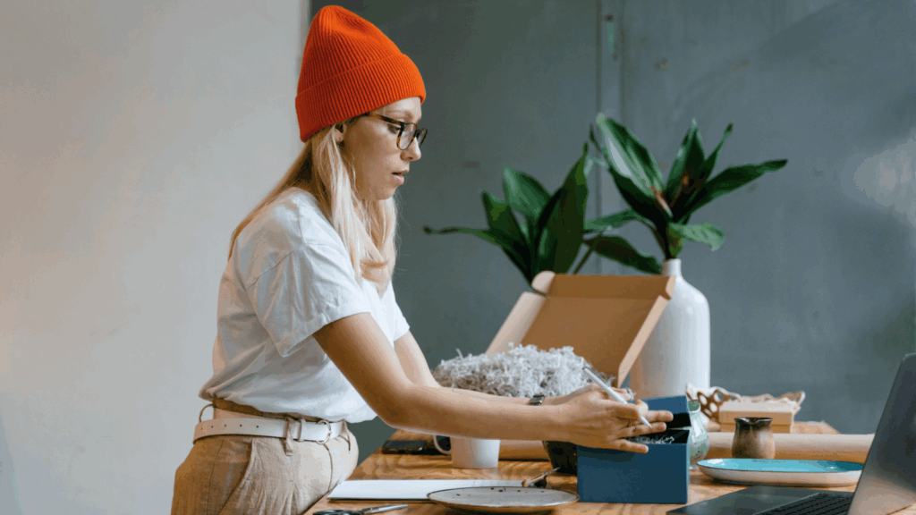A woman wearing a beanie is focused on her laptop, engaged in work at a cozy indoor setting.