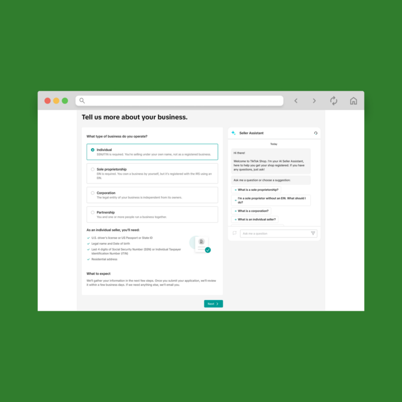 A screenshot mockup showing the registration process for TikTok’s Seller Center (TikTok Shop registration).