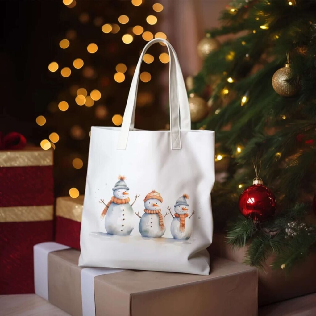 A tote bag with three snowmen.
