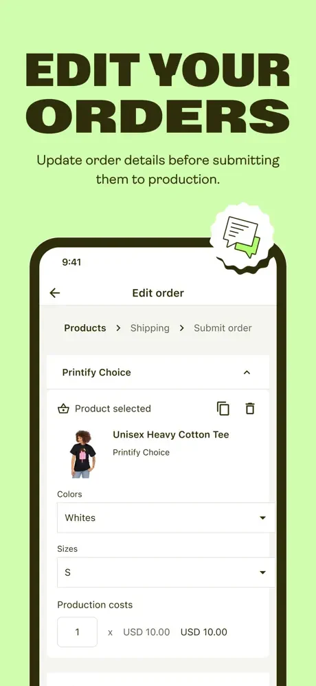 Edit orders screen in the Printify app