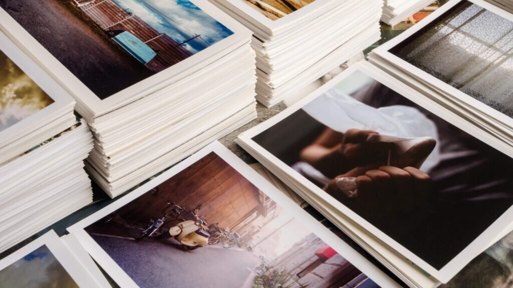 Stacks of photo prints.