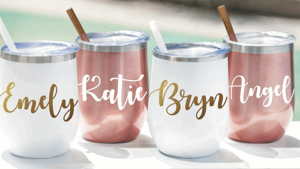 Personalized tumblers featuring the names of bridesmaids, perfect for wedding celebrations and gifts.