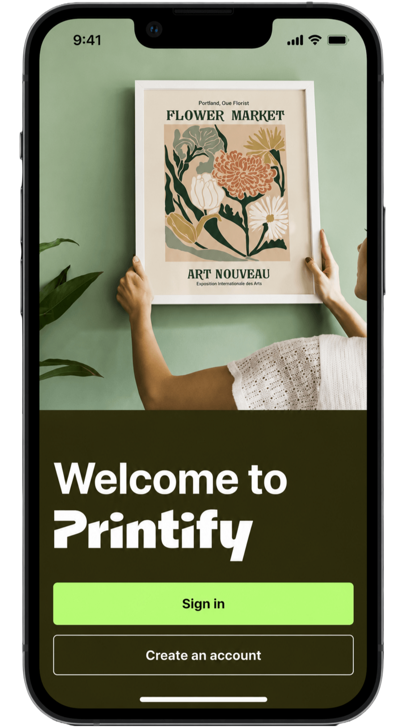 Printify mobile app on iPhone showing the welcome screen