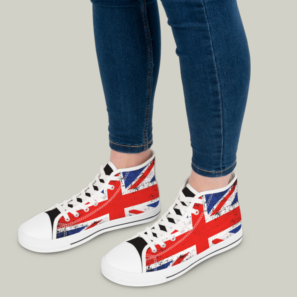 A mockup of custom shoes with a British Union Jack print.