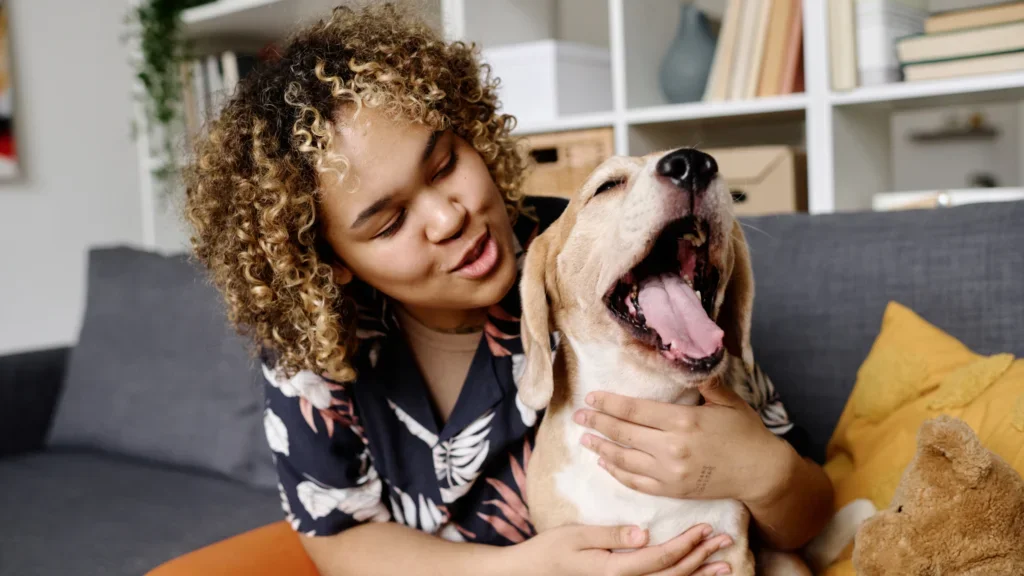 A woman sits comfortably on a couch, pet-sitting a dog.