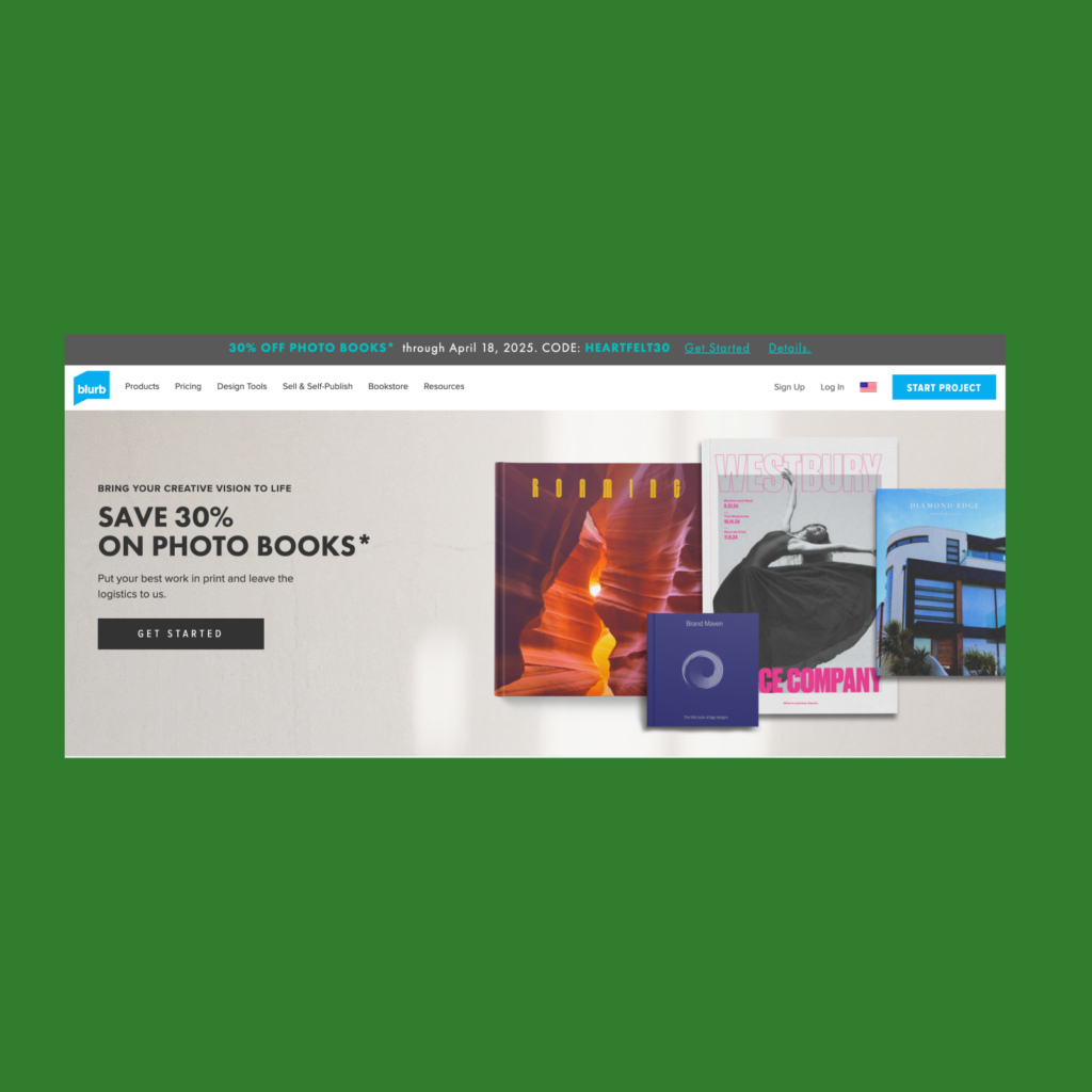 The screenshot of the Blurb landing page.